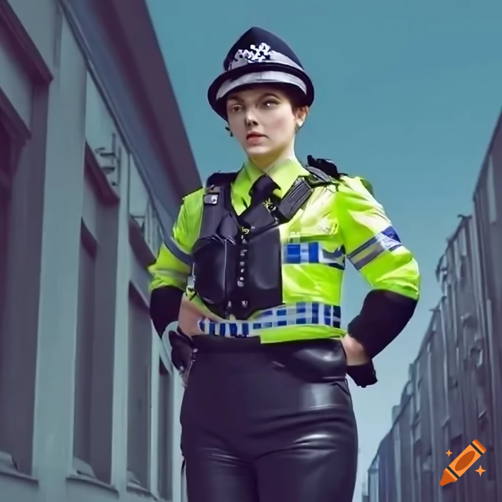 Rear view photograph of a British policewoman on Craiyon