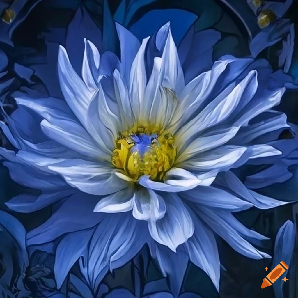 Art nouveau style drawing of a dahlia with intricate details