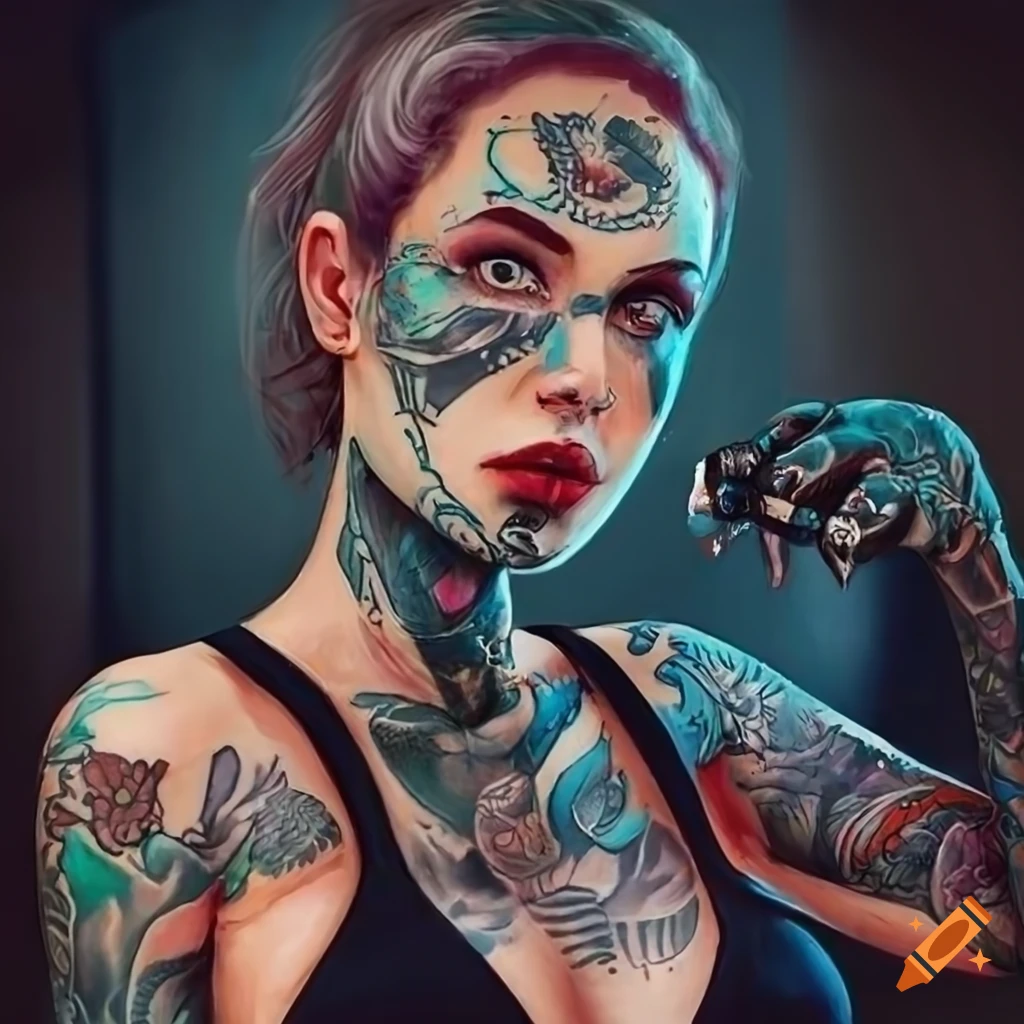 Tattooed female portrait in greg rutkowski style on Craiyon