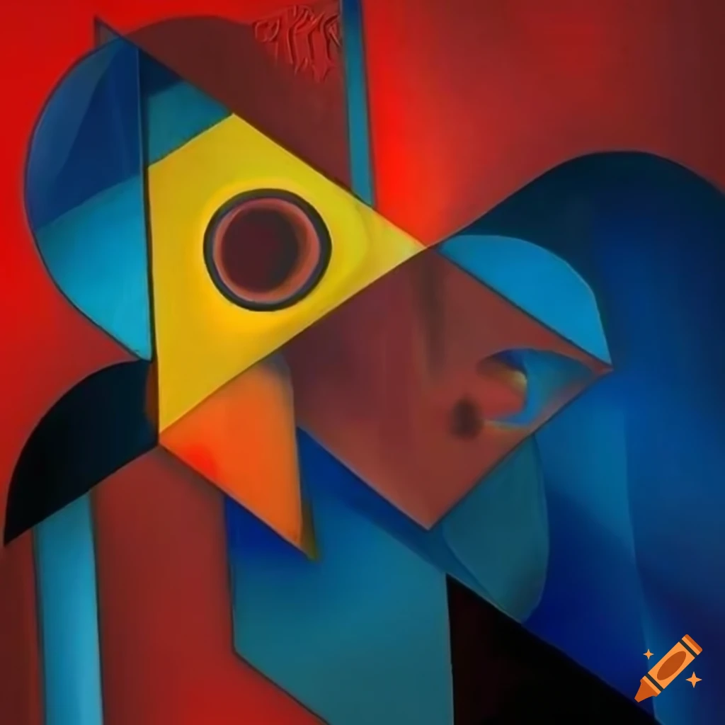 cubism artwork of a musician in red, blue, and yellow