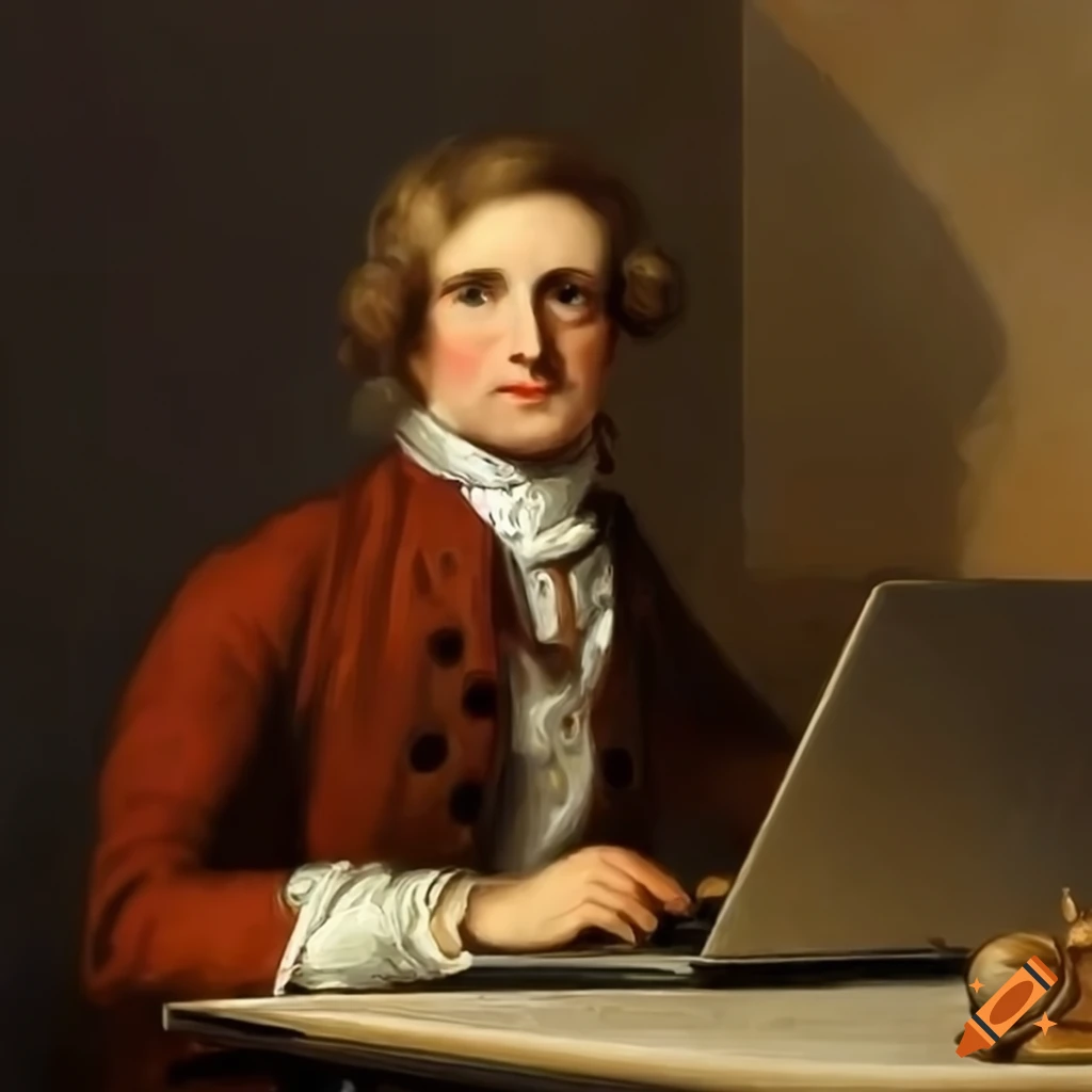 Oil painting of a person using a laptop