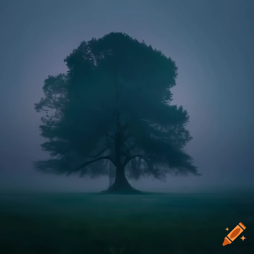 mystical morning in a overgrown clearing with a large tree
