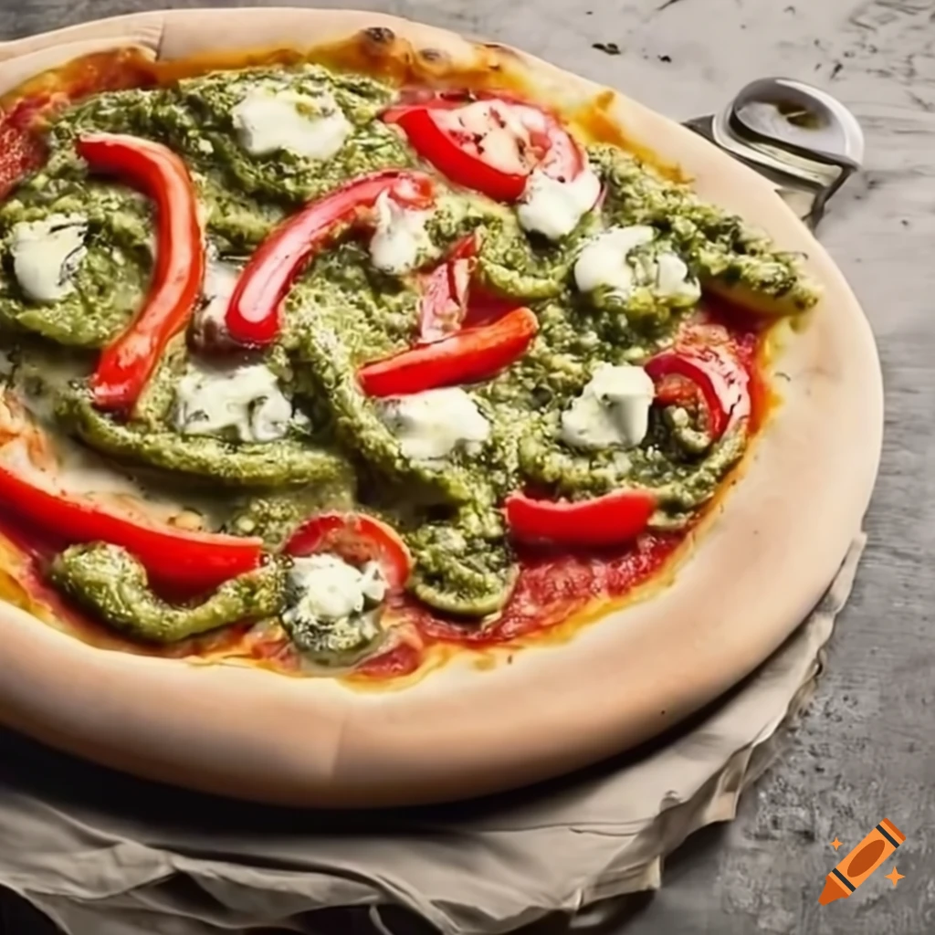 pizza with pesto, sheep cheese, and piment