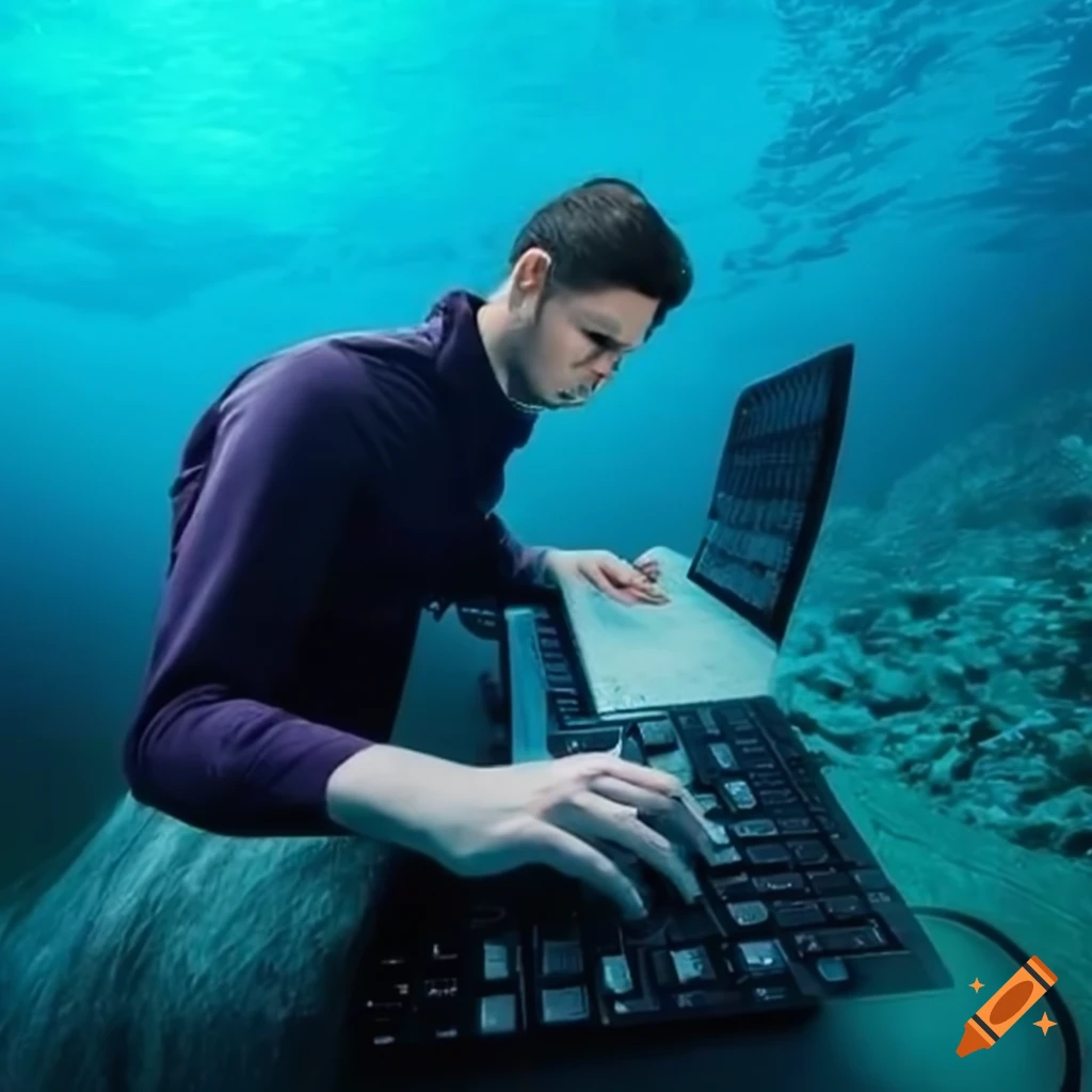 Underwater photograph of a programmer working on a computer on Craiyon