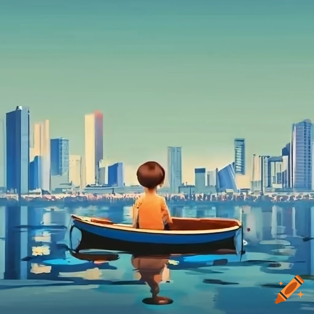 boy standing on a dinghy with cityscape backdrop