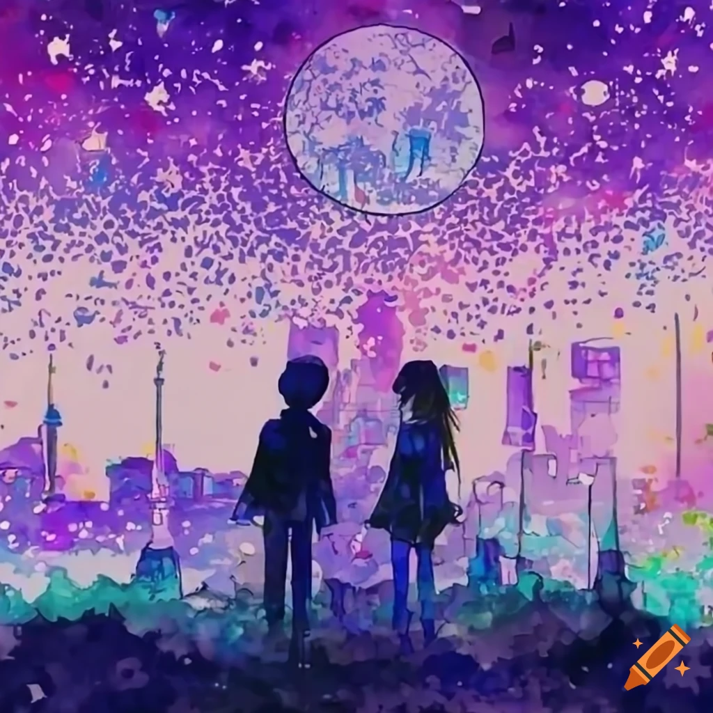 anime-style drawing of a couple with night skyline background