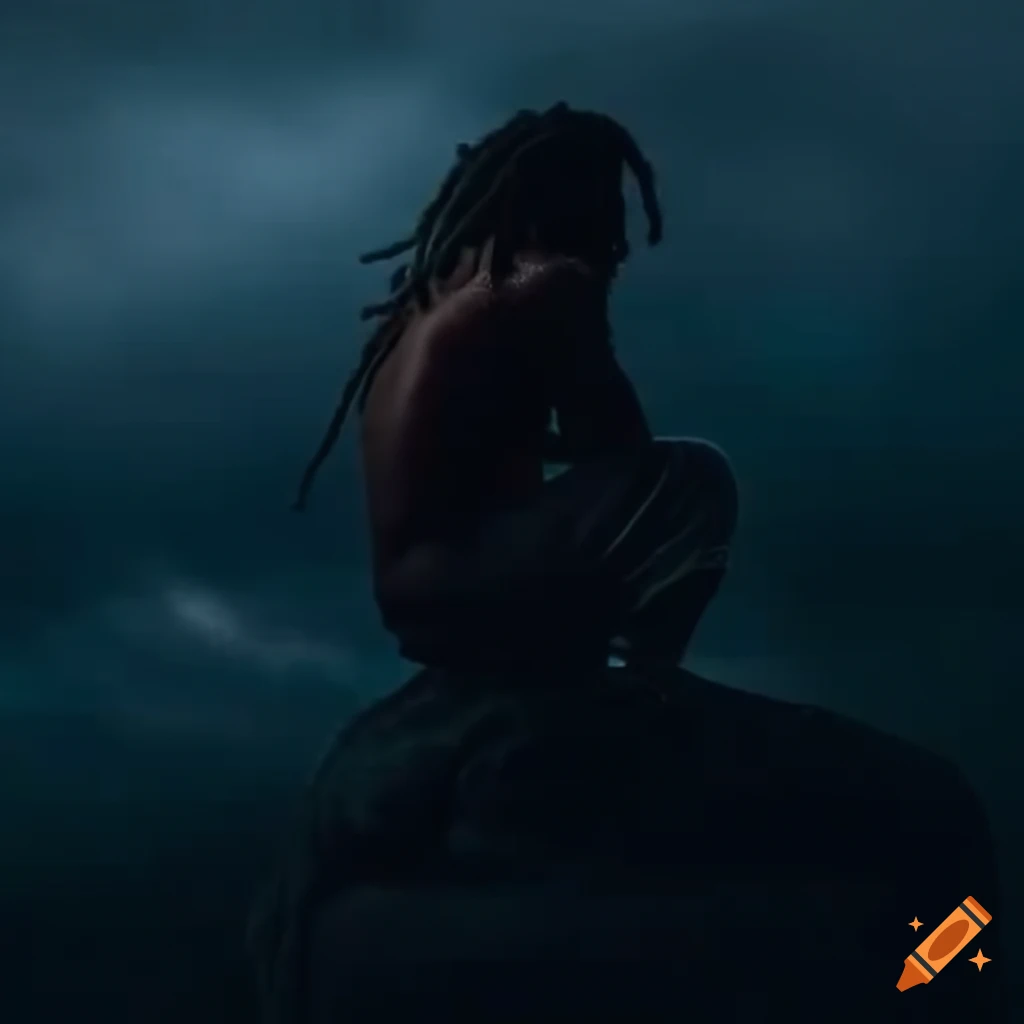 Dark art of a man with dreads sitting on stormy clouds on Craiyon