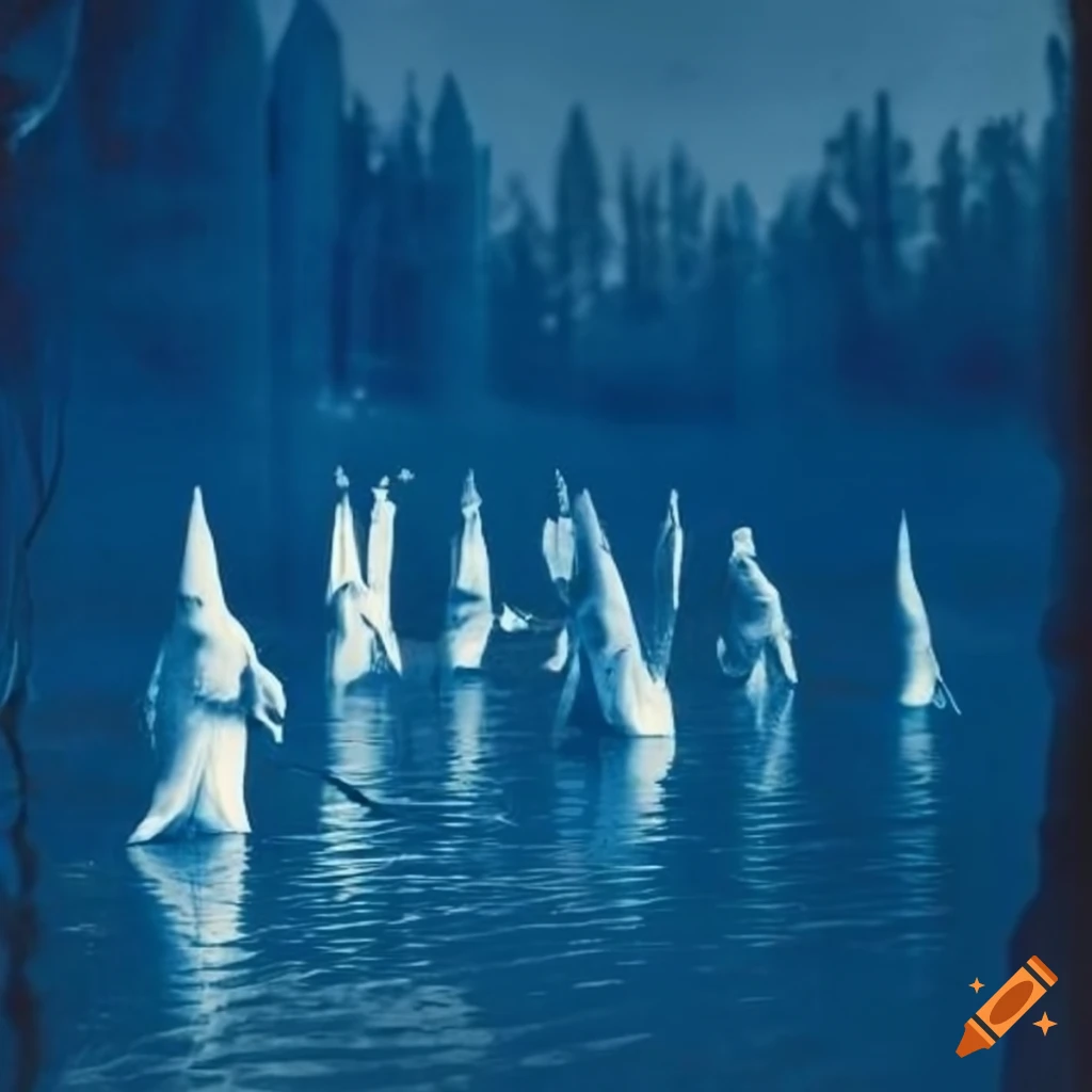 vintage cyanotype of a group of catholic penitentes by a lake