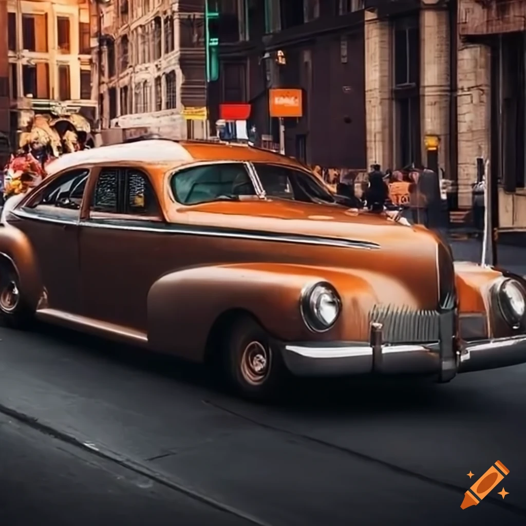 retro-futuristic car with jet engine parked on a busy street