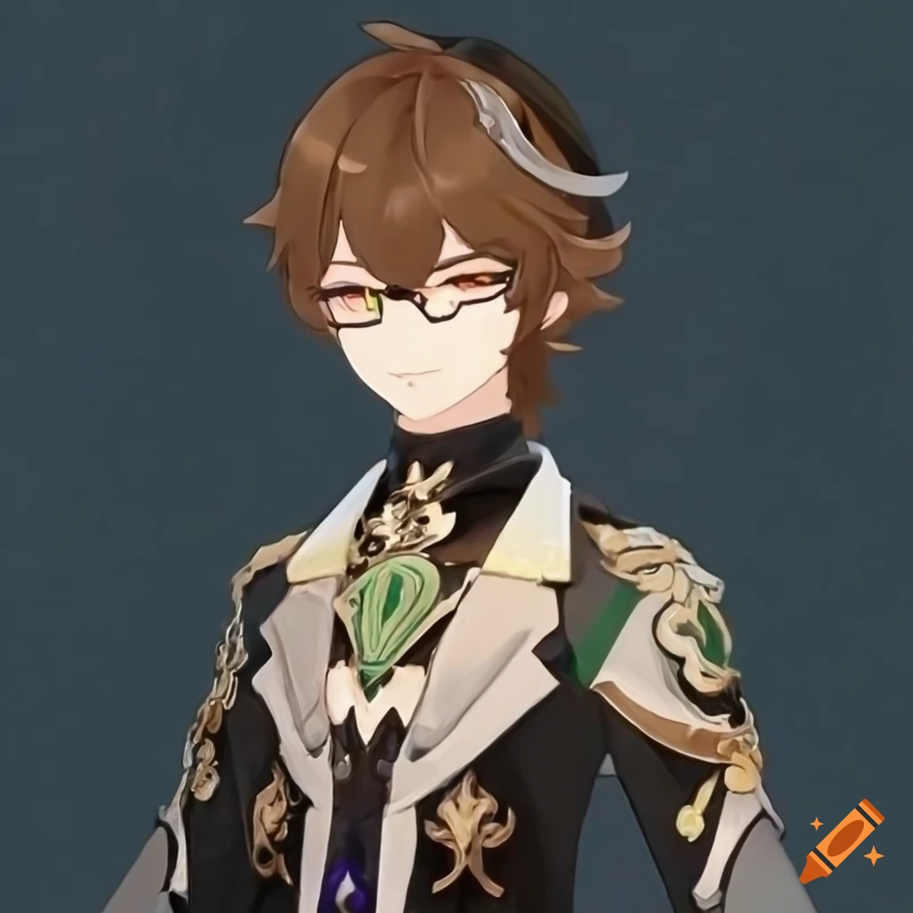 Genshin impact character with brown hair and green glowing eyes