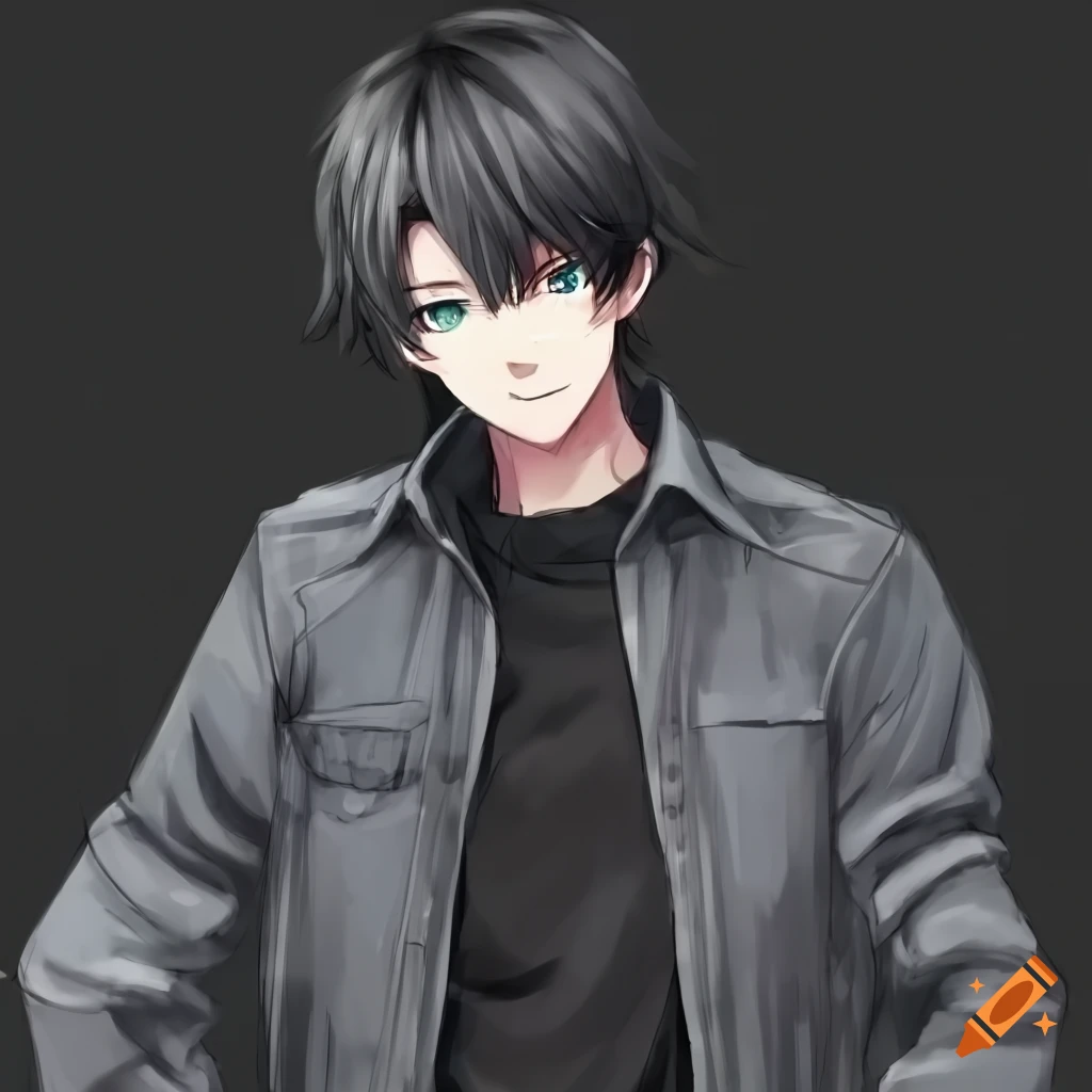 anime style male character with black hair and green eyes