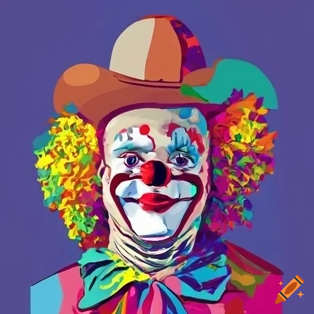 vibrant pop art of a clown in a cowboy hat