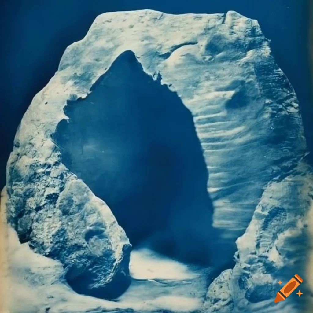 cyanotype photo of mysterious boulders