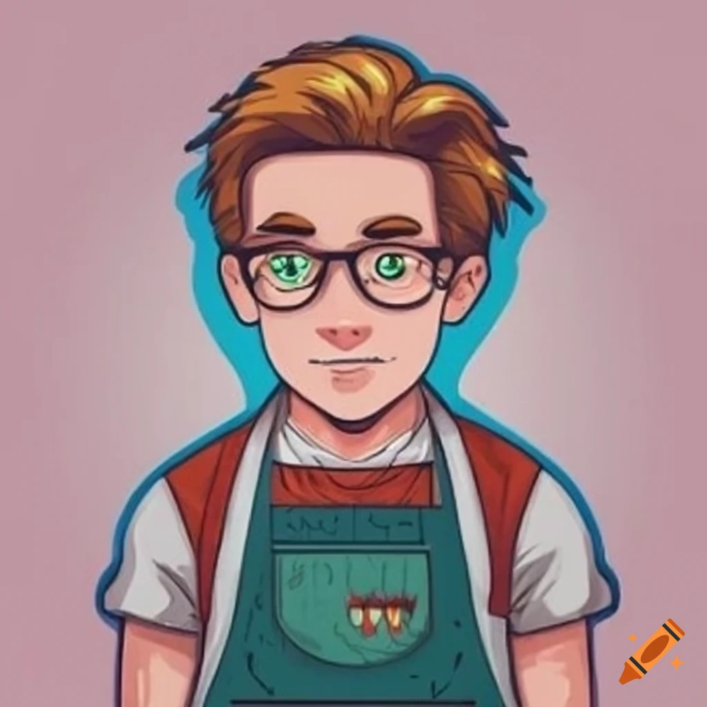 geeky young man in an apron serving coffee