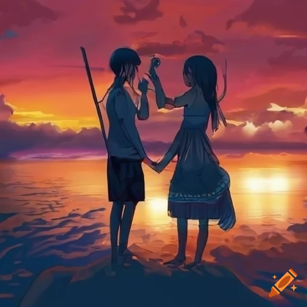 anime style sunset of a cute couple