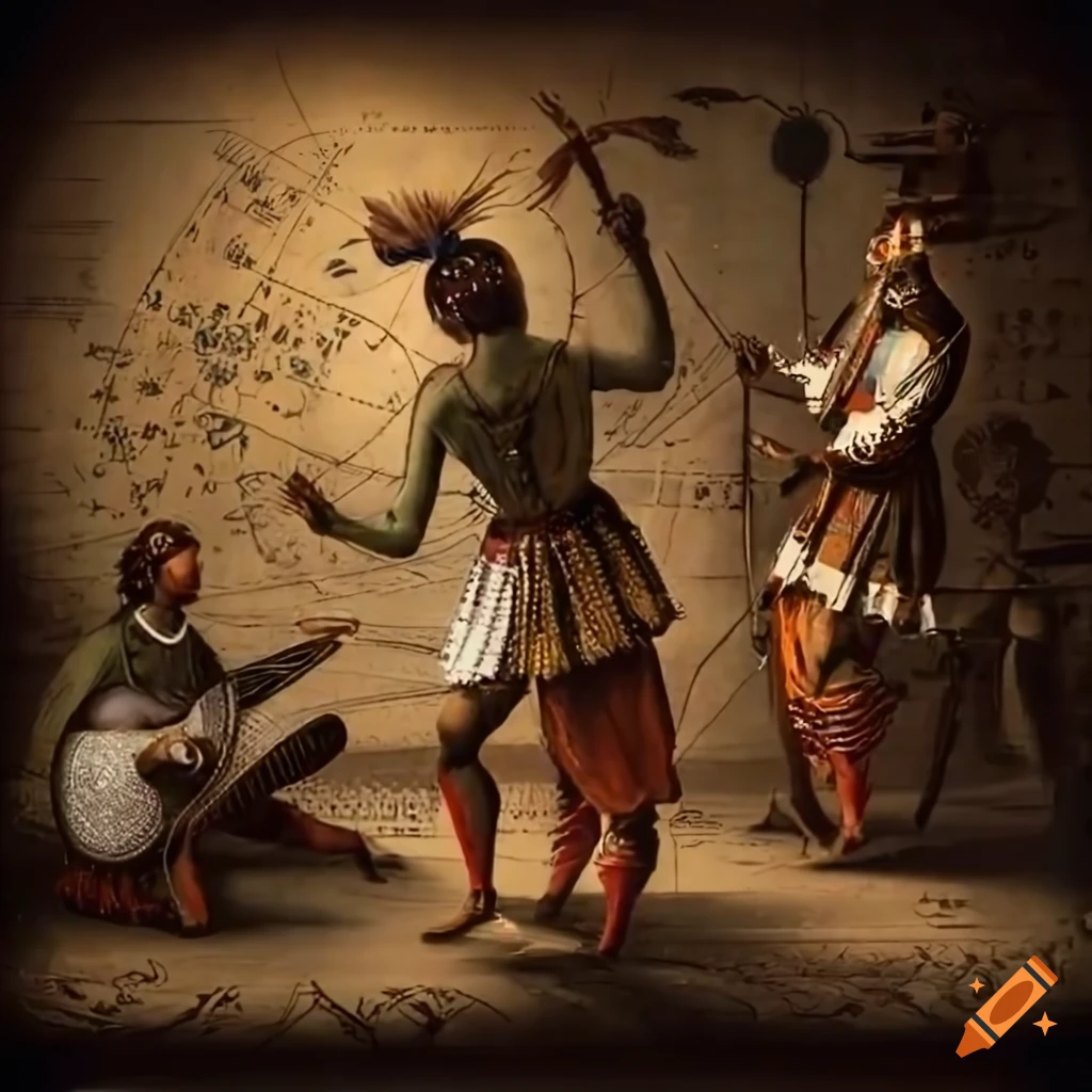 16th century style painting of a multicultural music party