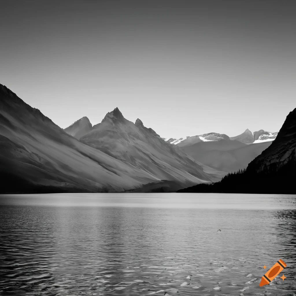 black and white photo of mountains and water