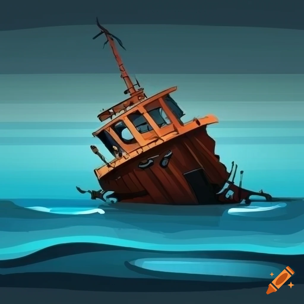 vector illustration of a shipwreck boat in water