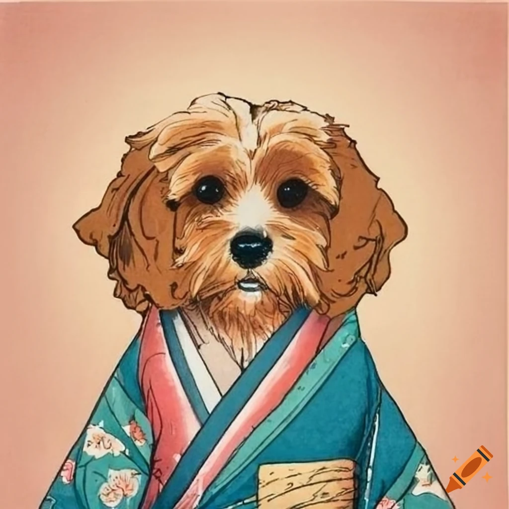 cavoodle wearing floral kimono in ukiyo-e style