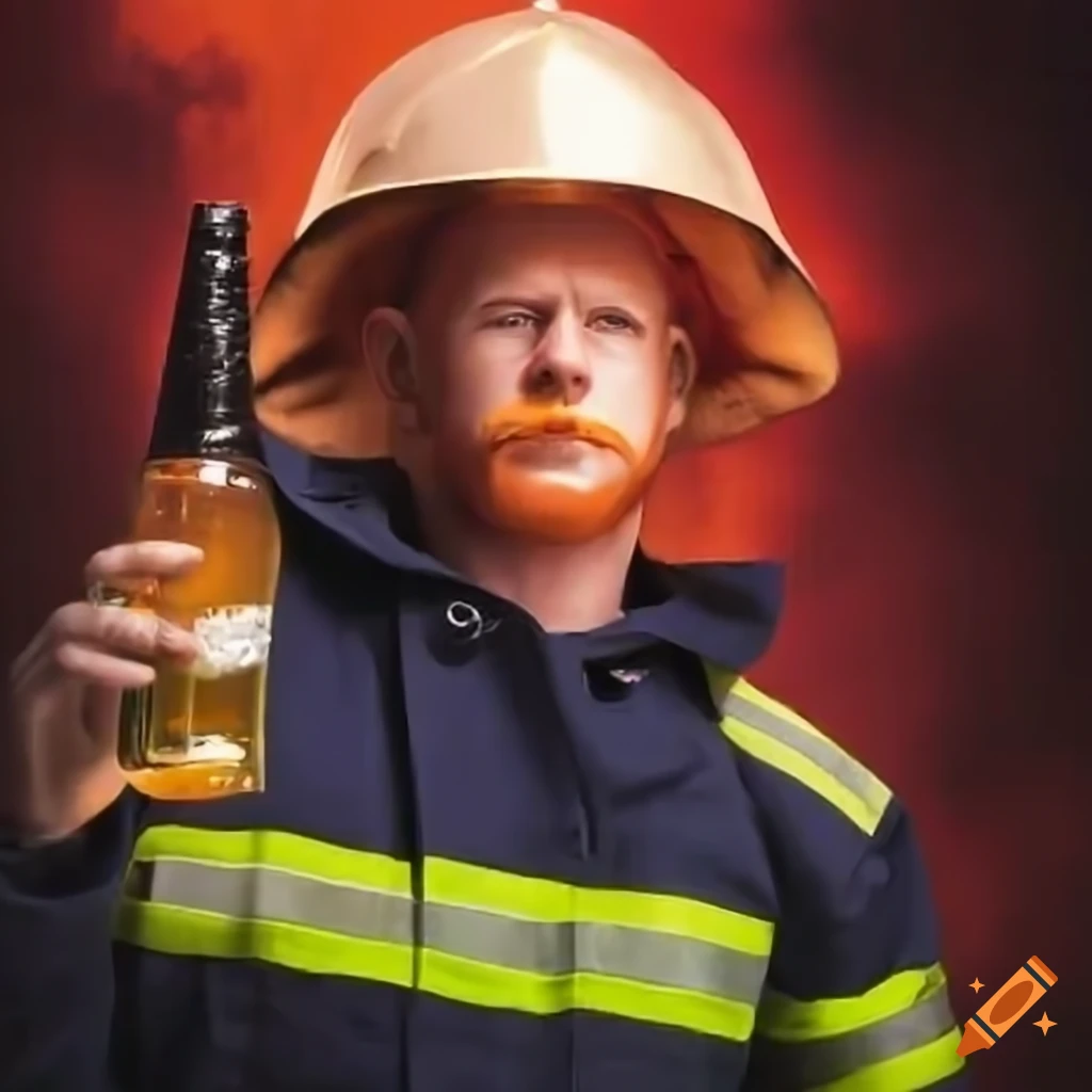 Redhead firefighter enjoying a drink on Craiyon