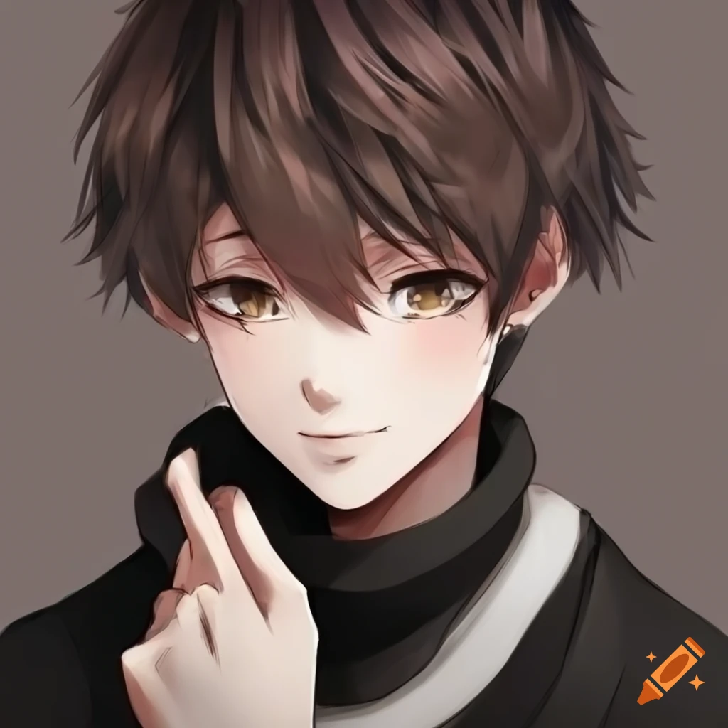 anime boy with messy brown hair and dark eyes in black sweater