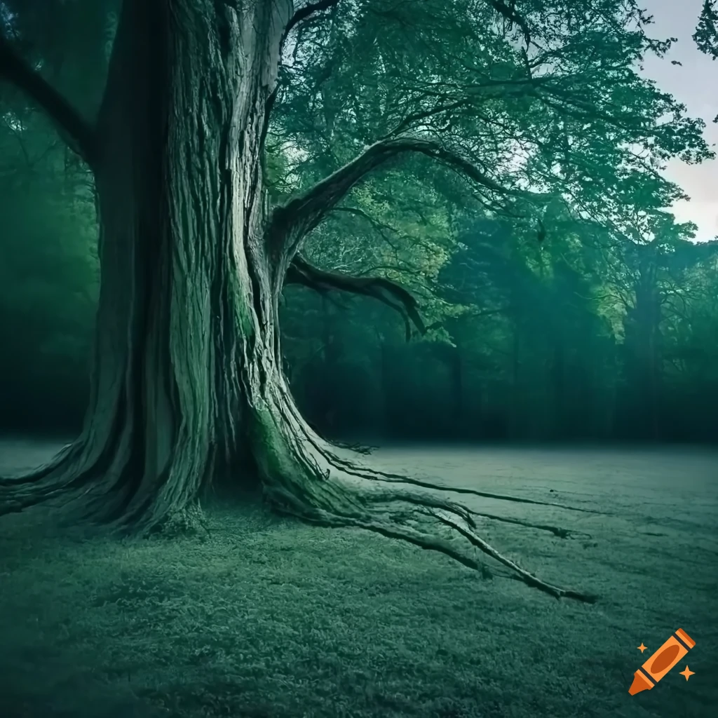 mystical morning in a overgrown clearing with a large tree