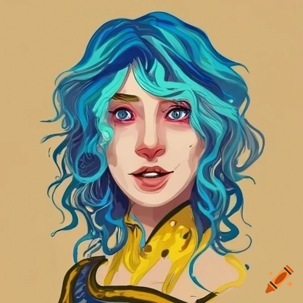 illustration of a bard with blue hair and yellow dress