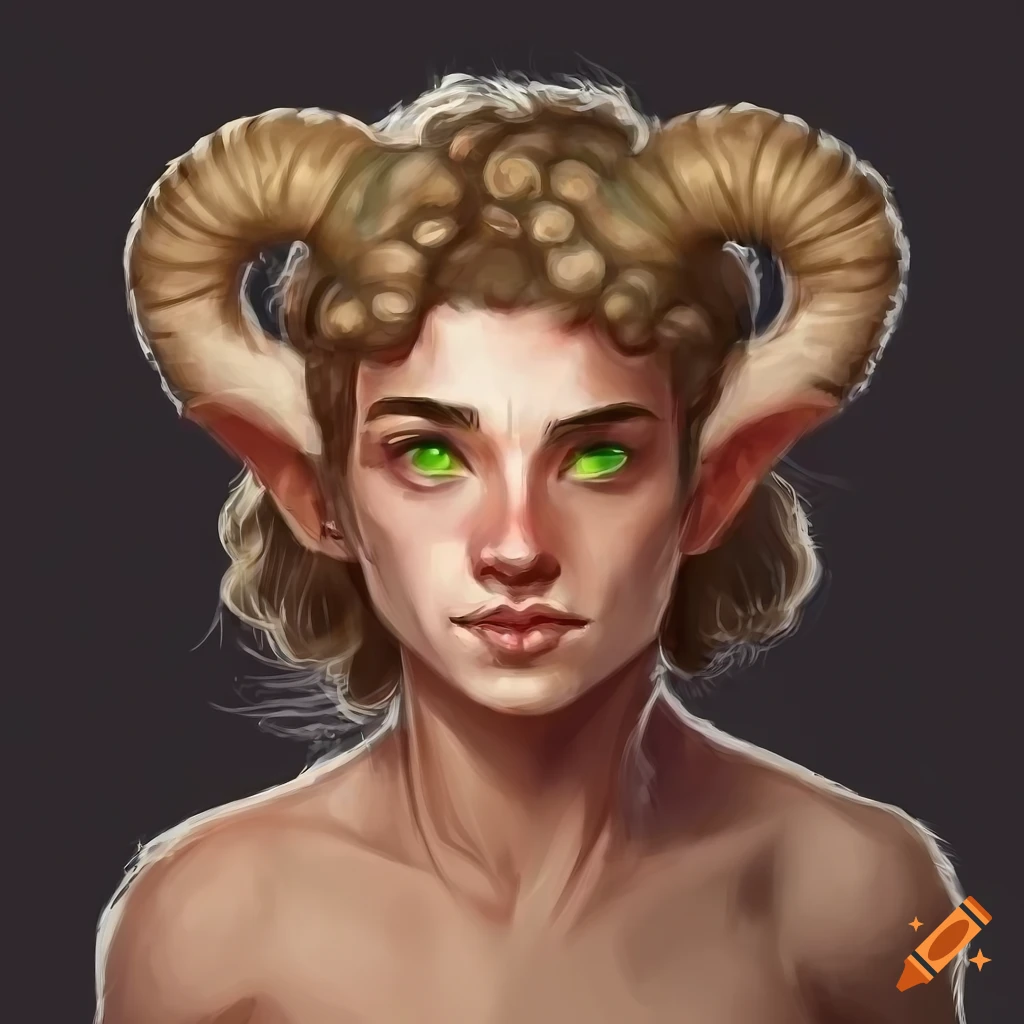 Portrait of a young male faun with ram's horns on Craiyon