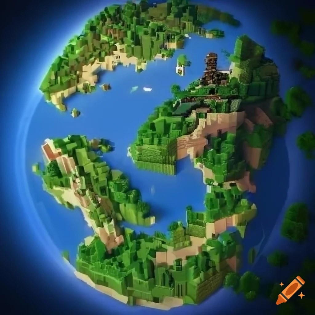 Minecraft whole planet with builds on it and not realistic (builds are  oversized), cartoon style