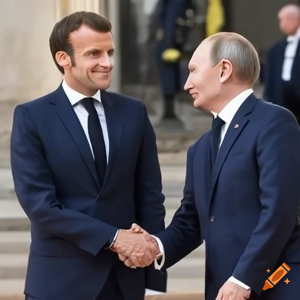 Emmanuel Macron and Vladimir Putin shaking hands