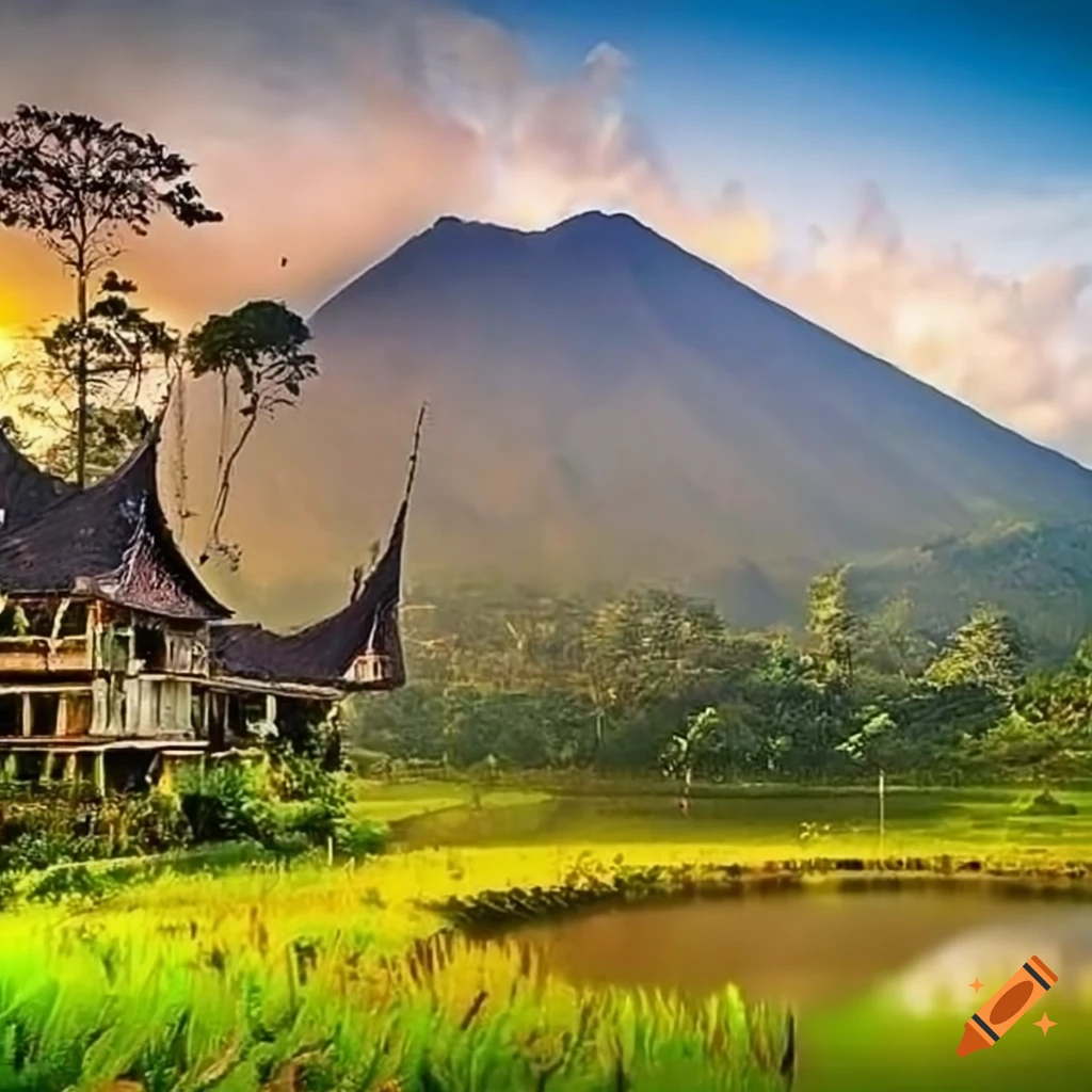 landscape of a mountain with rice fields and traditional house
