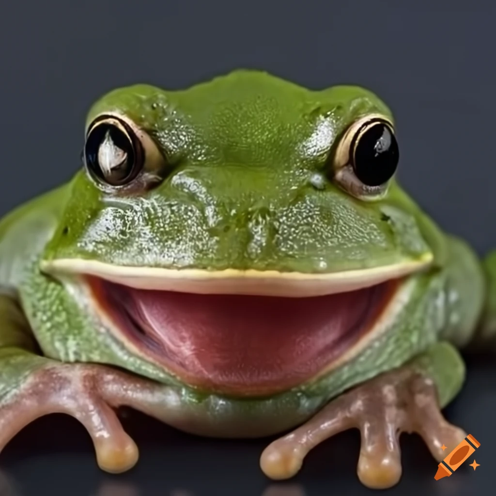 Close-up photo of a laughing frog with a human face on Craiyon