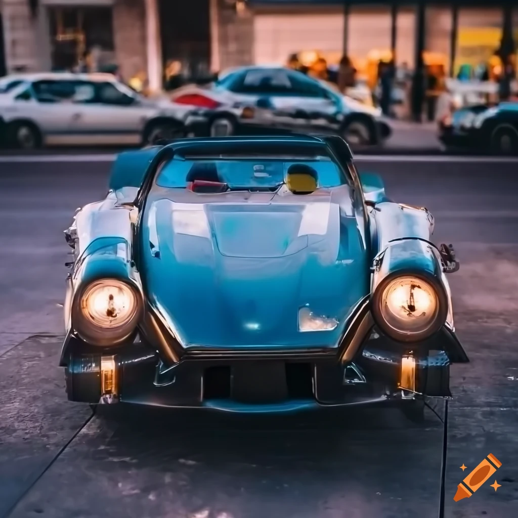 retro-futuristic car with a turbo-thrust jet engine parked on a city street