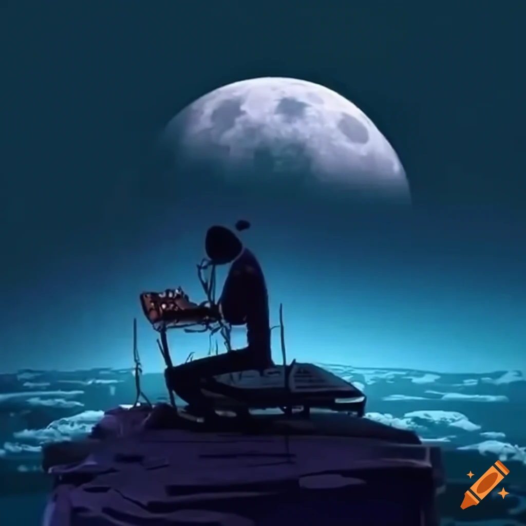 rapper performing under the moon in a lofi cityscape