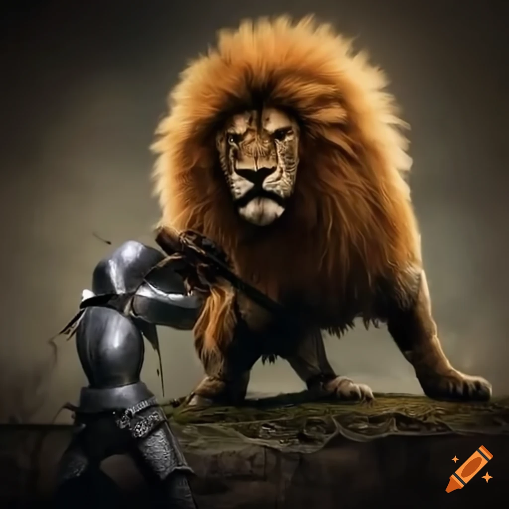 knight battling a lion in full plate armor