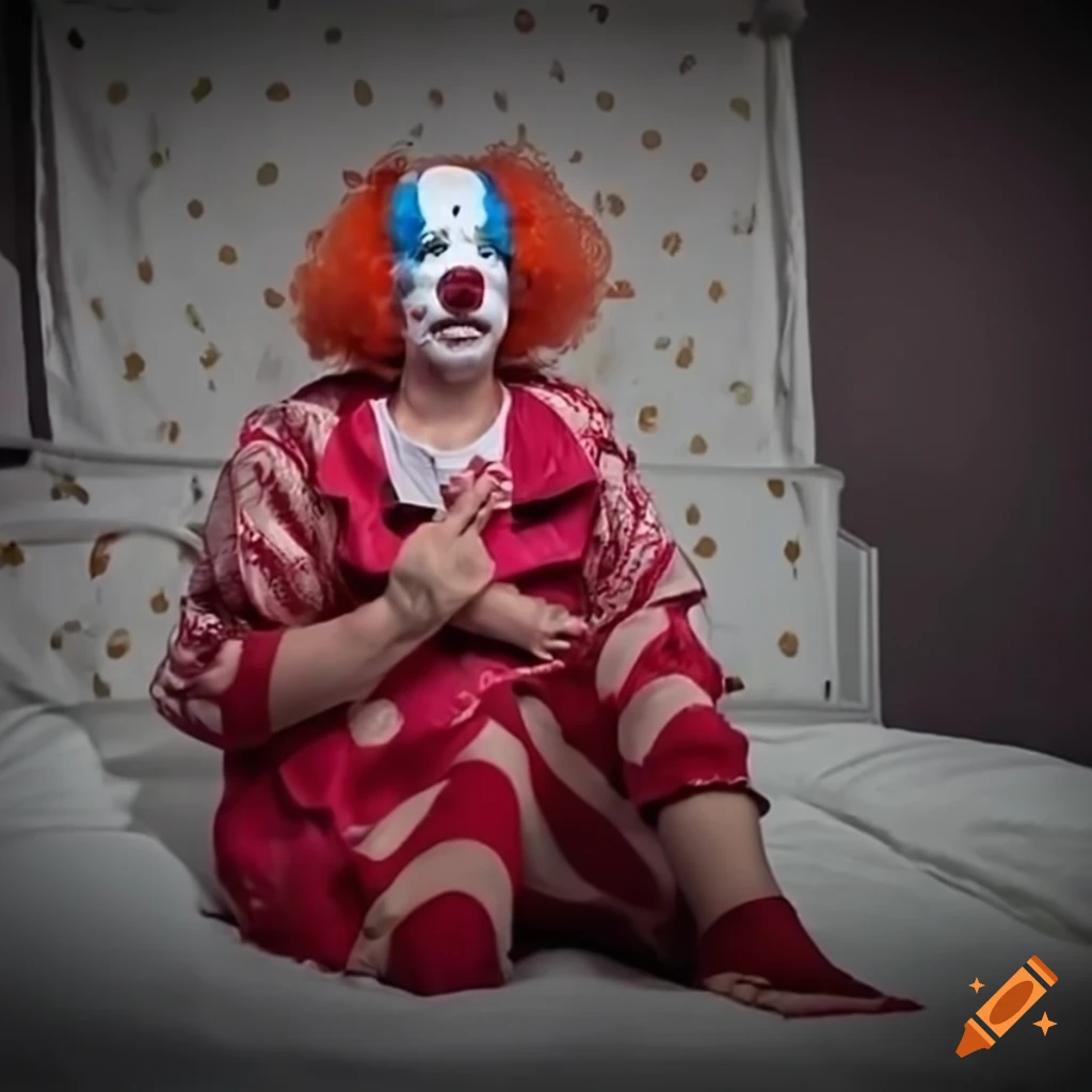 surreal clown sitting alone on a bunkbed