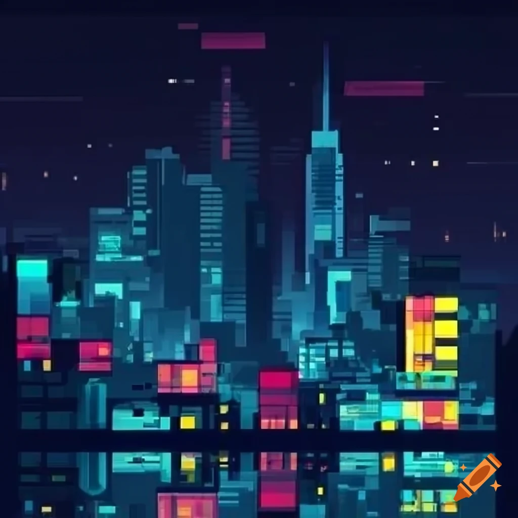 pixel art of a cyberpunk city skyline at night