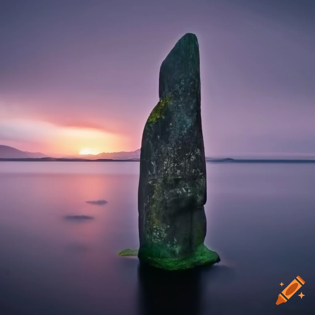 standing stones on the coast of Scotland with a ghost pirate ship