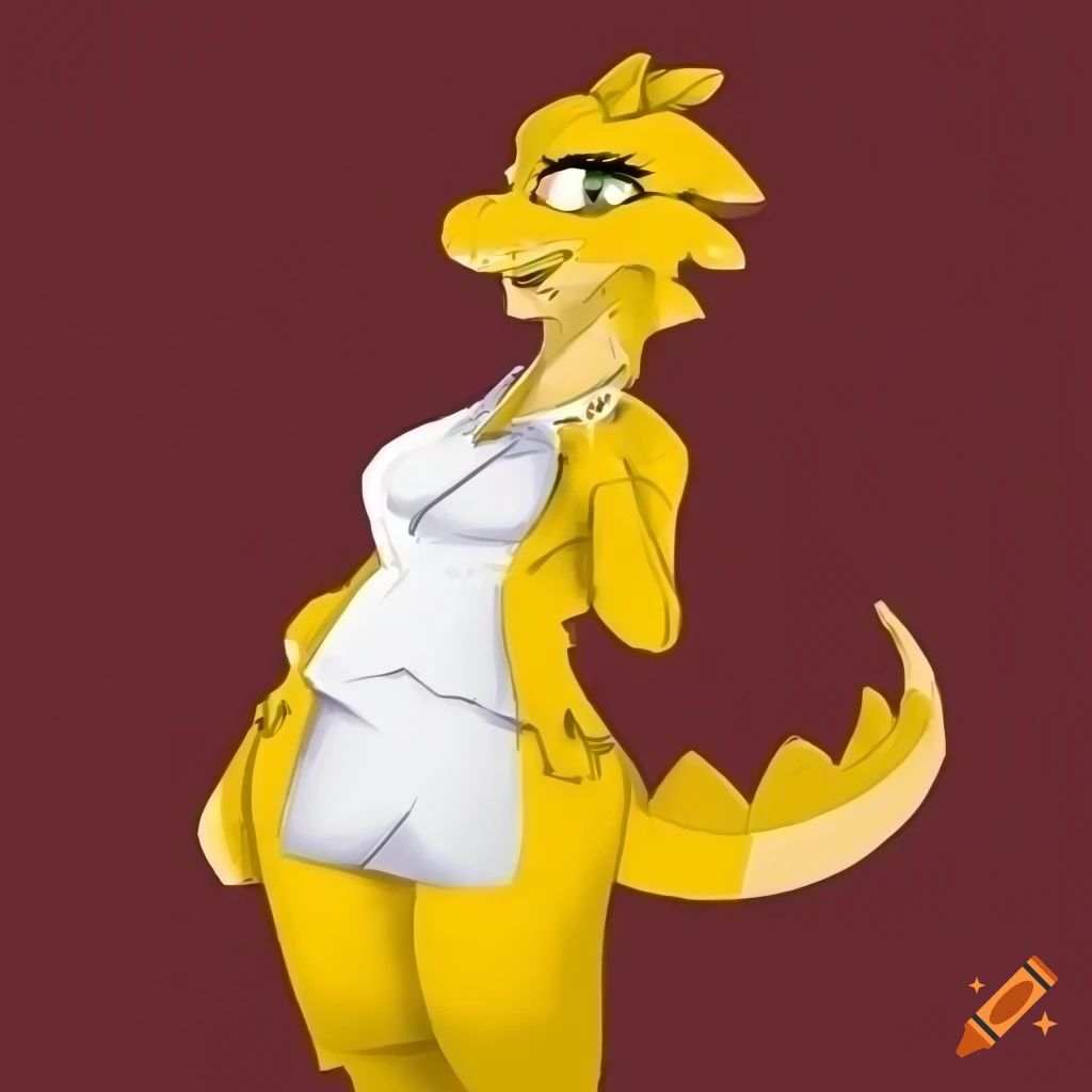 digital drawing of a chubby yellow lizard woman in a labcoat