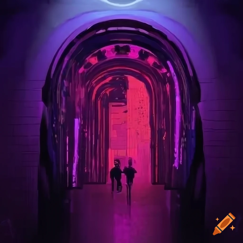 Colorful biopunk cityscape with glowing plants and mosscovered