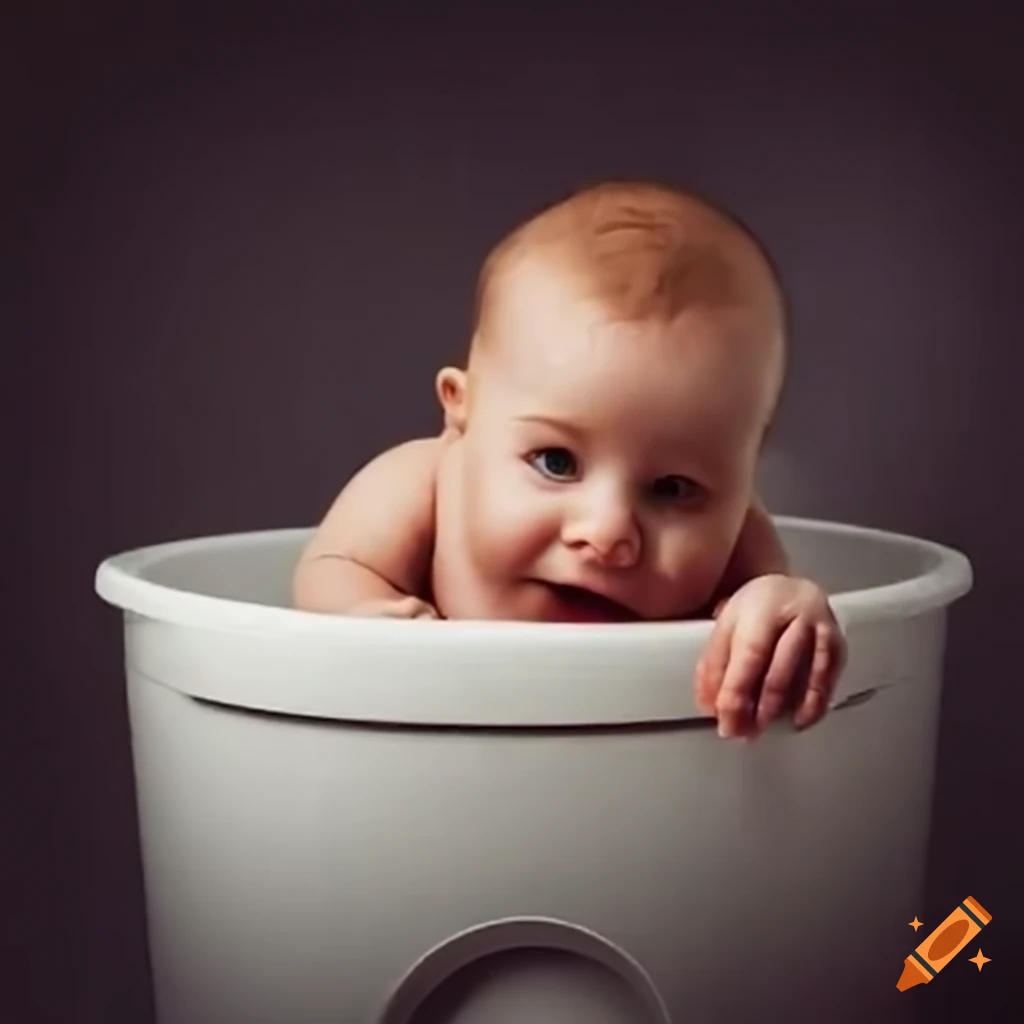 baby sitting in an empty bucket in a laundry room