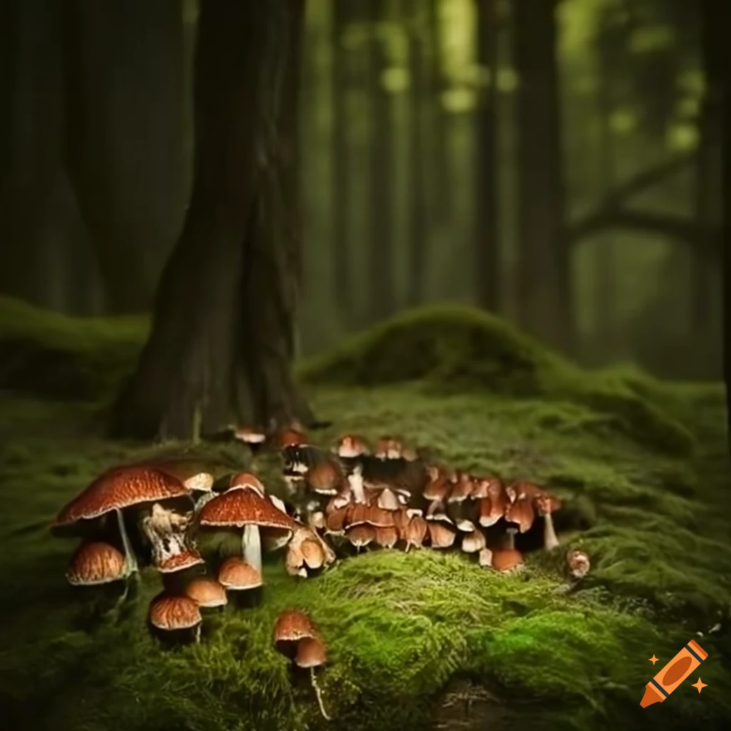tapestry of forest mushrooms and moss