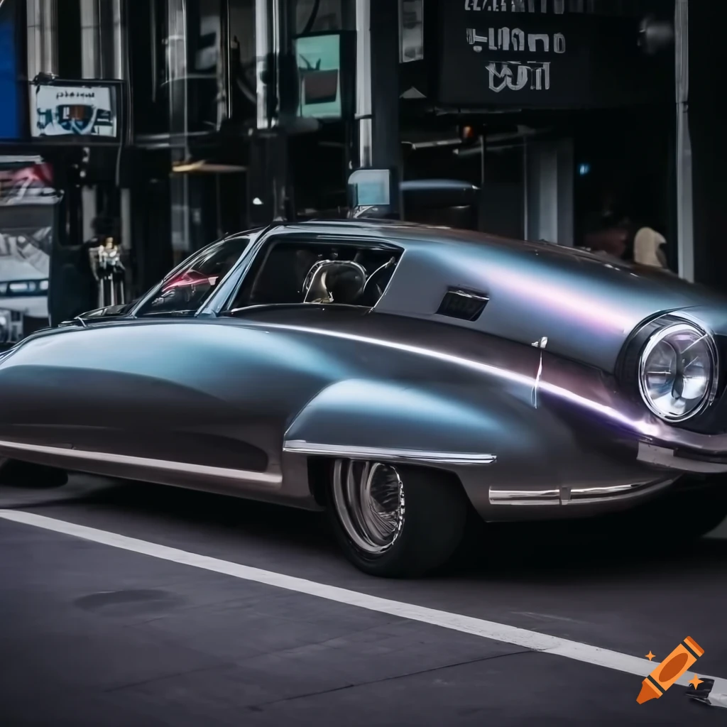 retro-futuristic car with a jet engine parked in the city