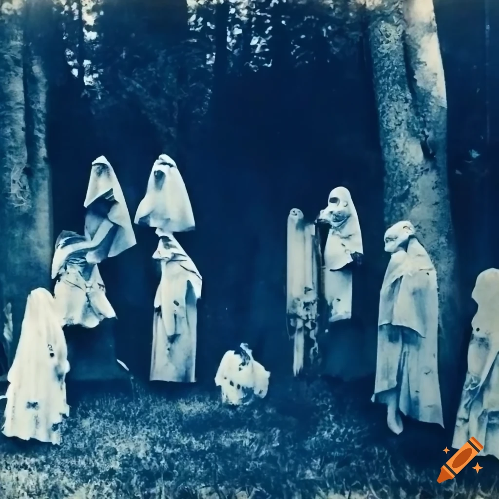 cyanotype of cultists in an old cemetery