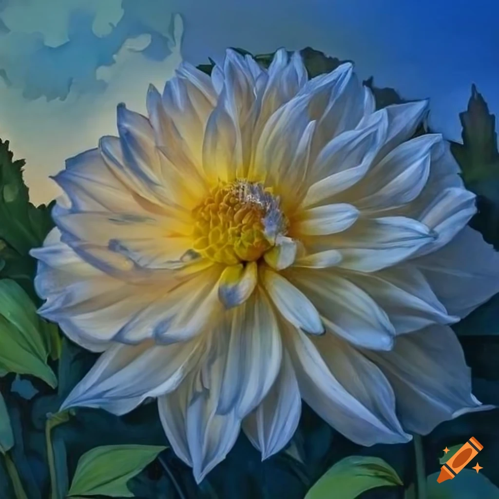 art nouveau style painting of a white dahlia