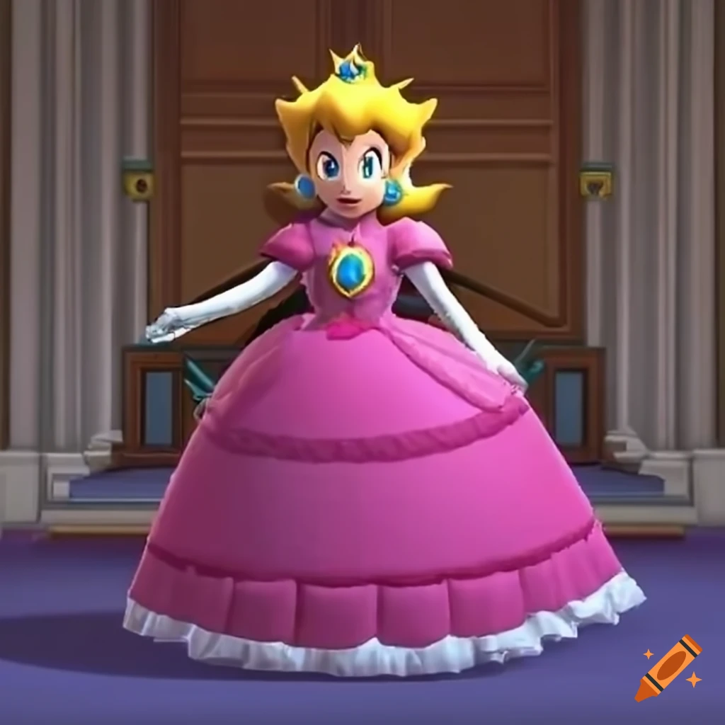 princess Peach in a ballgown descending a grand staircase