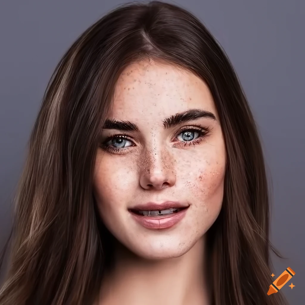 Portrait of a beautiful young woman with freckles and dark brown hair ...