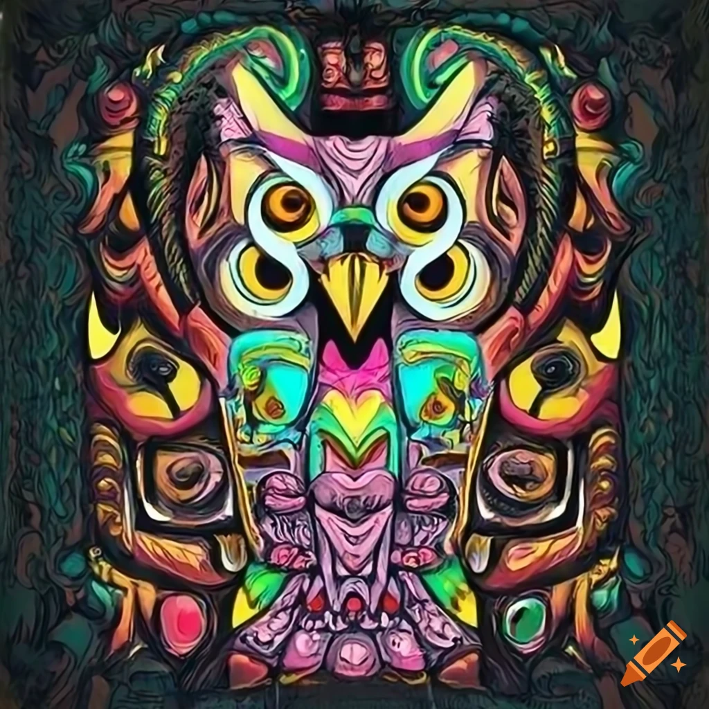 totem pole owl face with guitar elements