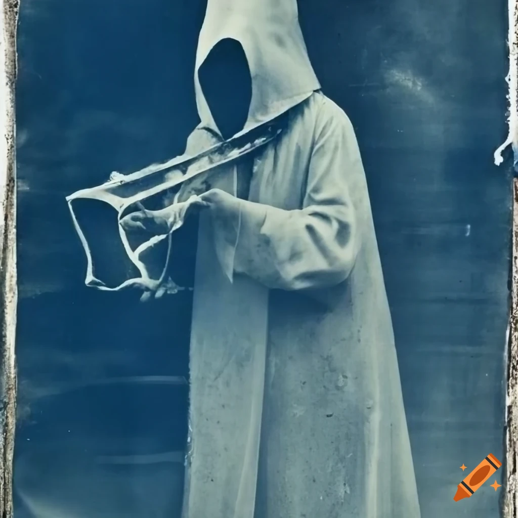 vintage cyanotype of hooded Spanish Catholic Penitentes playing instruments
