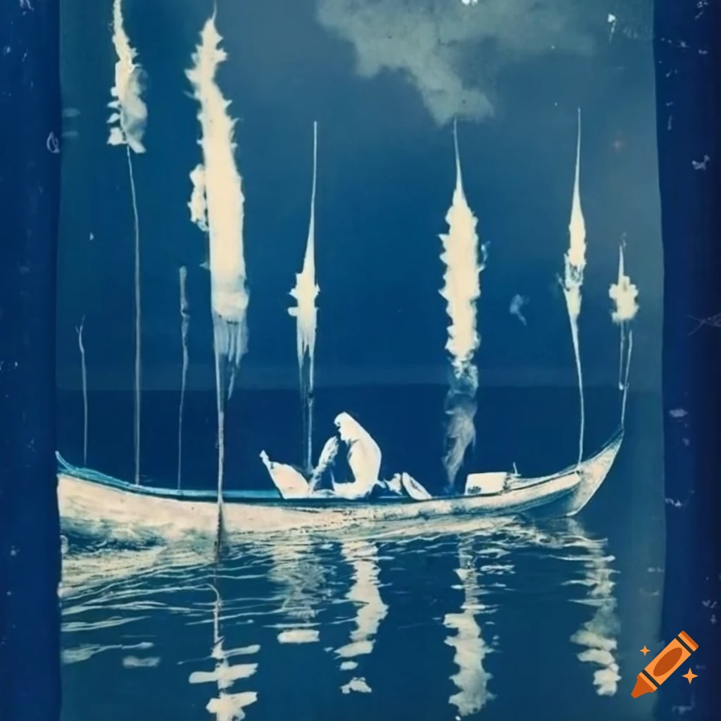 cyanotype of Sevile Catholic penitentes in a canoe under a starry sky